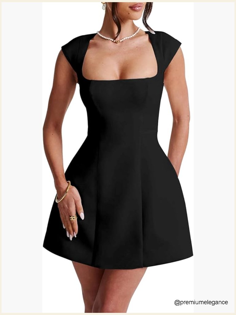 Square Neck Cap Sleeve Lined Mini Dress Zip Back A-Line Party Club